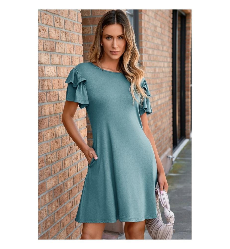 Skobeloff Solid Color Round Neck Double Ruffle Short Sleeve Dress