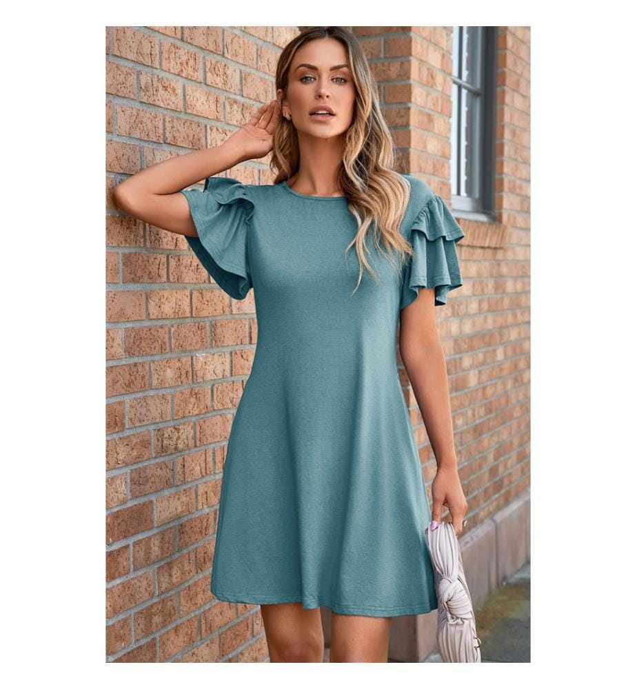 Skobeloff Solid Color Round Neck Double Ruffle Short Sleeve Dress