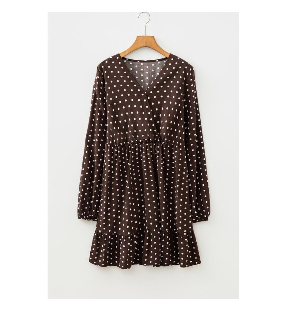 Robe courte portefeuille à manches longues et col en V à pois, imprimé café chicorée