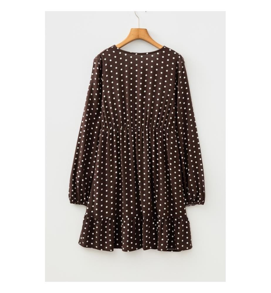 Robe courte portefeuille à manches longues et col en V à pois, imprimé café chicorée