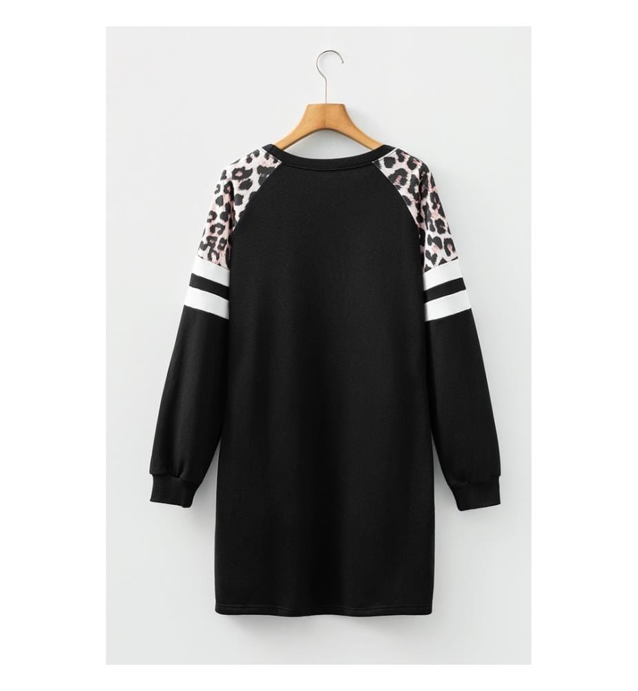 Schwarzes Sweatshirtkleid mit Leopardenmuster und Raglanärmeln im College-Stil
