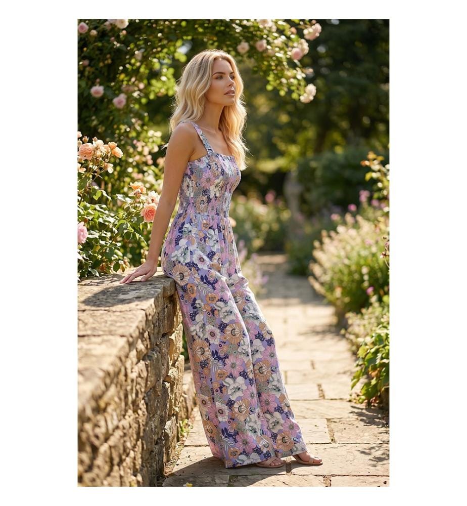 Combinaison Taille Haute à Imprimé Floral Violet - Pourpre