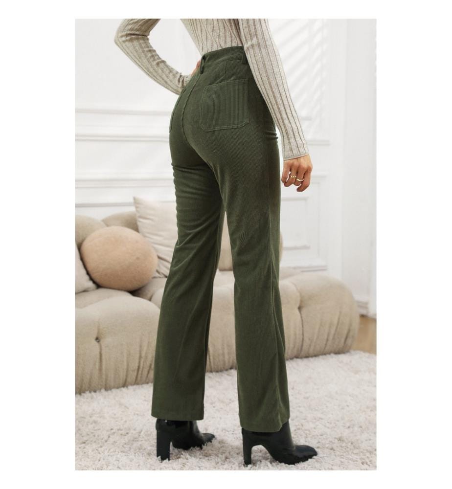Pantalon Taille Haute en Velours Côtelé - Vert