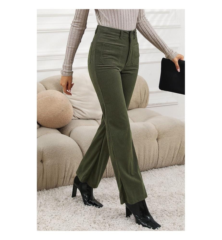 Pantalon Taille Haute en Velours Côtelé - Vert