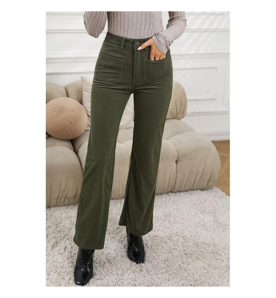 Pantalon Taille Haute en Velours Côtelé - Vert