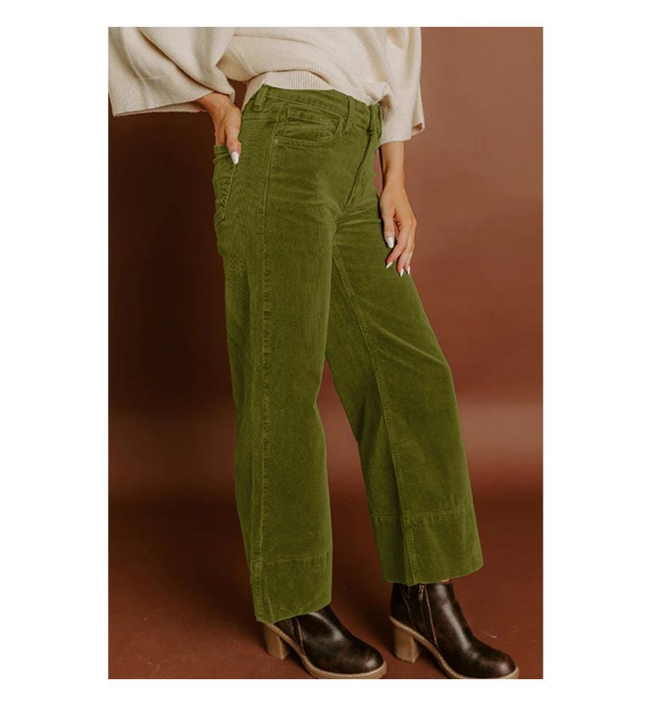 Pantalon Large Taille Haute en Velours - Vert