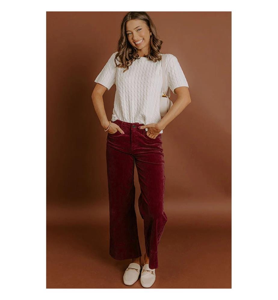 Weite Hose mit hoher Taille aus Samt - Bordeaux