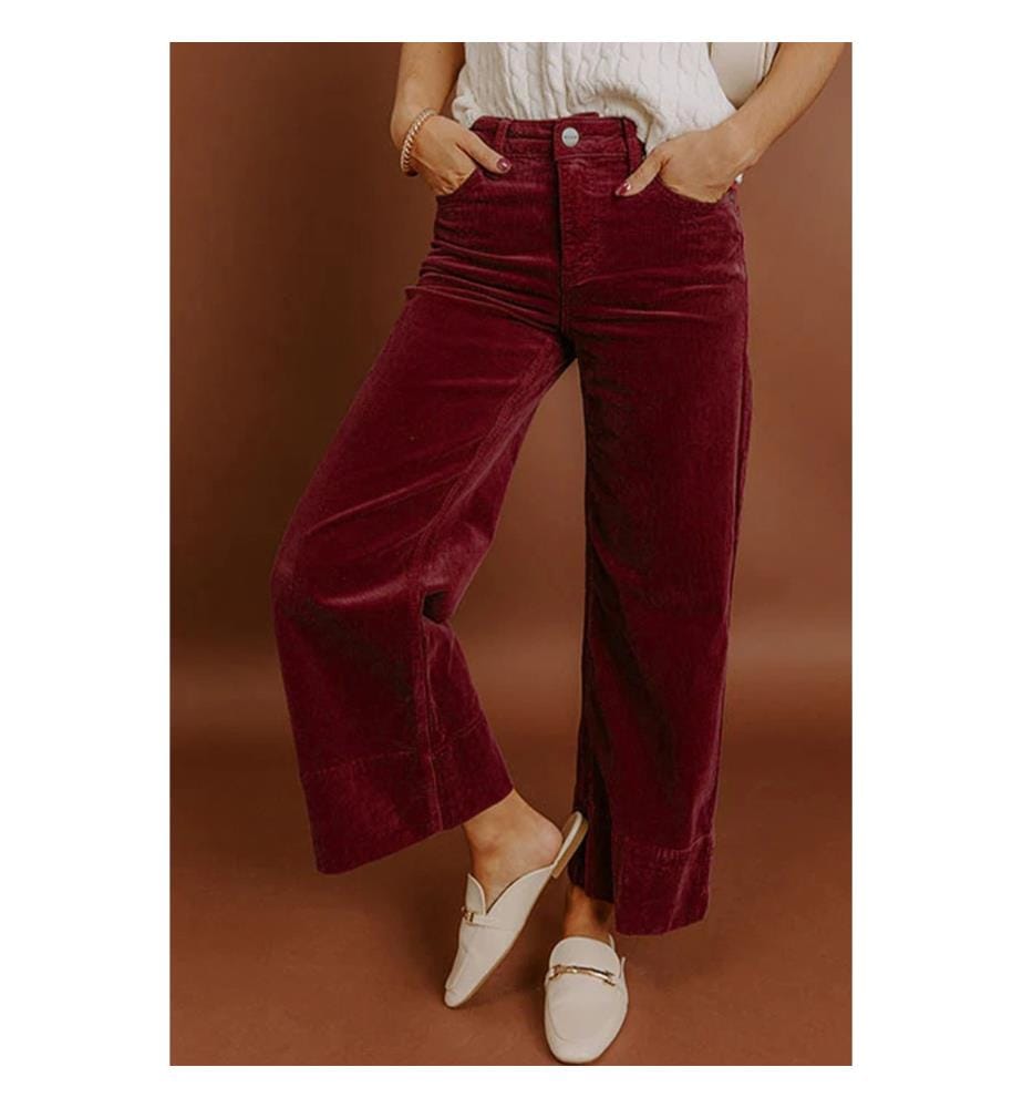 Weite Hose mit hoher Taille aus Samt - Bordeaux