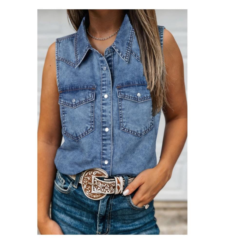 Ärmellose Jeansweste mit Button-Down-Kragen in Dämmerungsblau