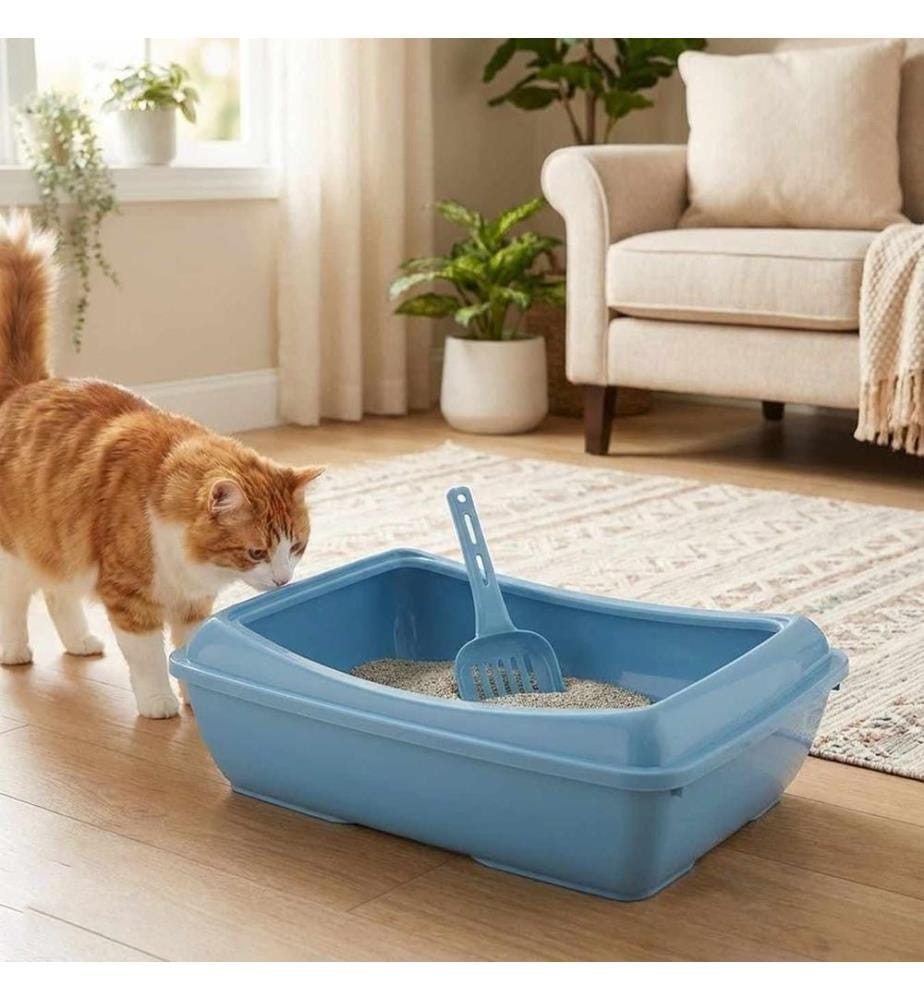 Bac à litière pour chat bleu 100 % plastique