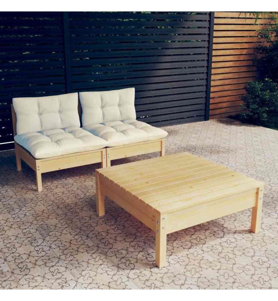 Salon de jardin 3 pcs avec coussins crème bois de pin
