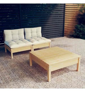 3-tlg. Garten-Lounge-Set mit Creme Kissen Kiefernholz