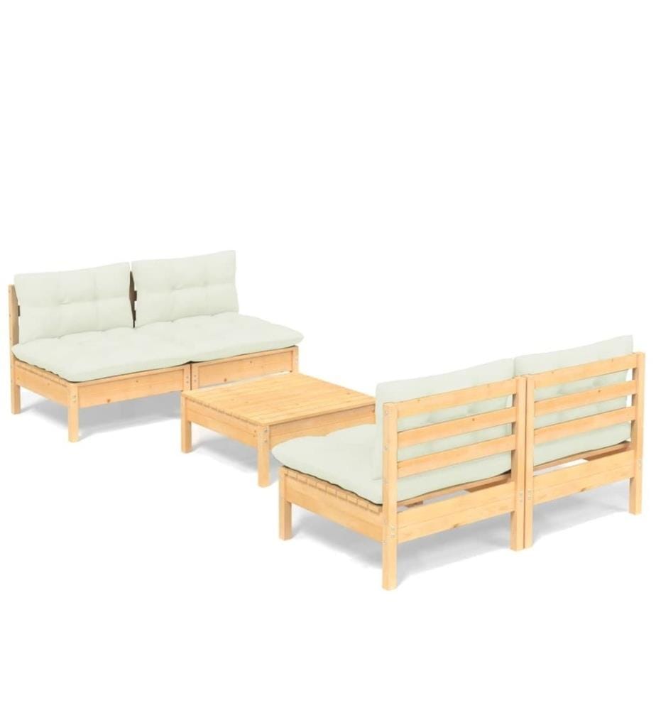 Salon de jardin 5 pcs avec coussins crème bois de pin