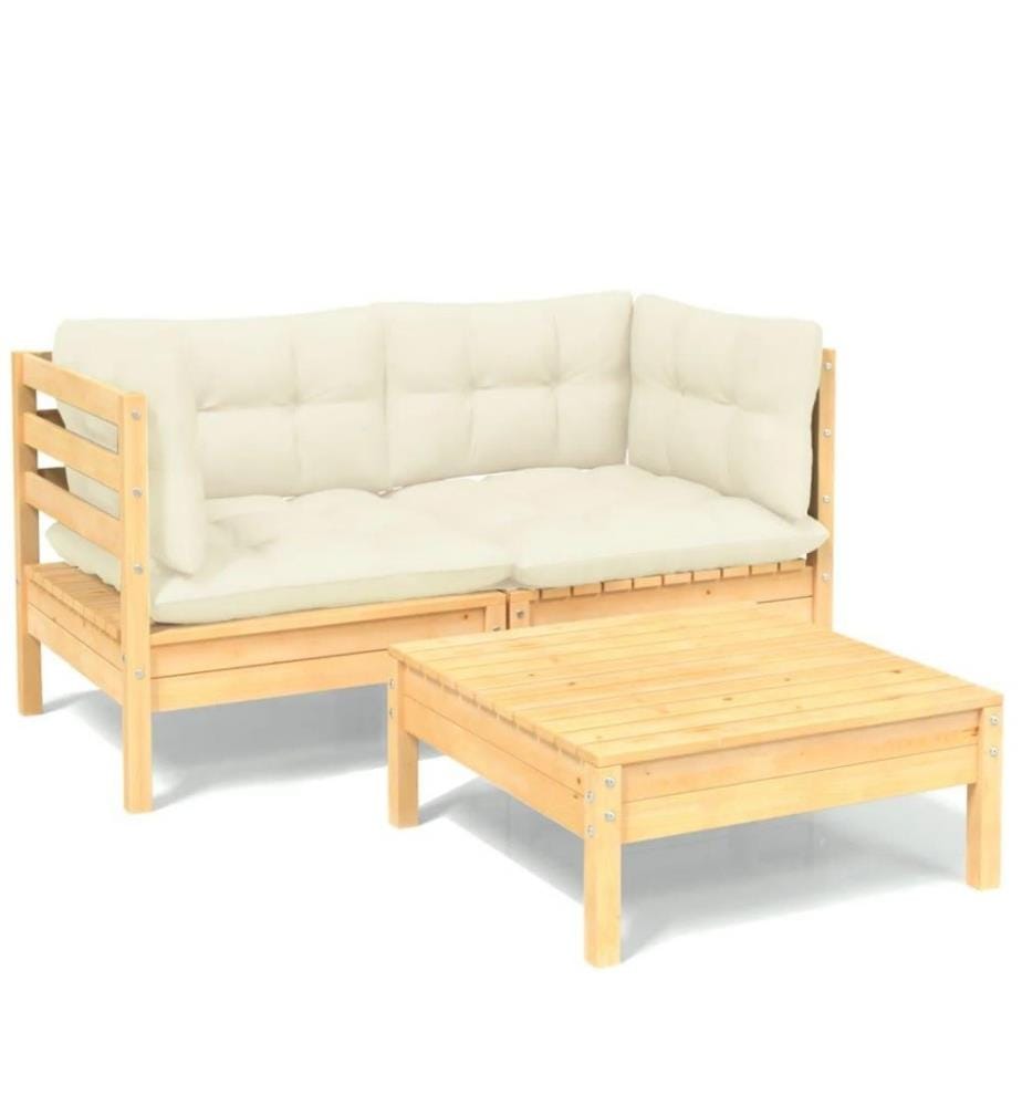 Salon de jardin 3 pcs avec coussins crème Bois de pin
