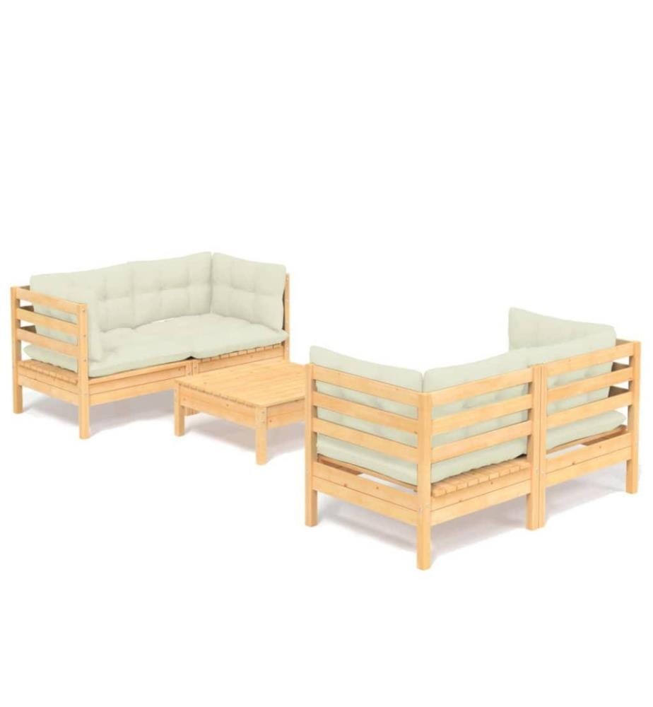Salon de jardin 5 pcs avec coussins crème Bois de pin