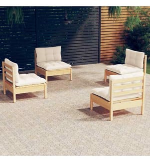 4-tlg. Garten-Lounge-Set mit Creme Kissen Kiefernholz
