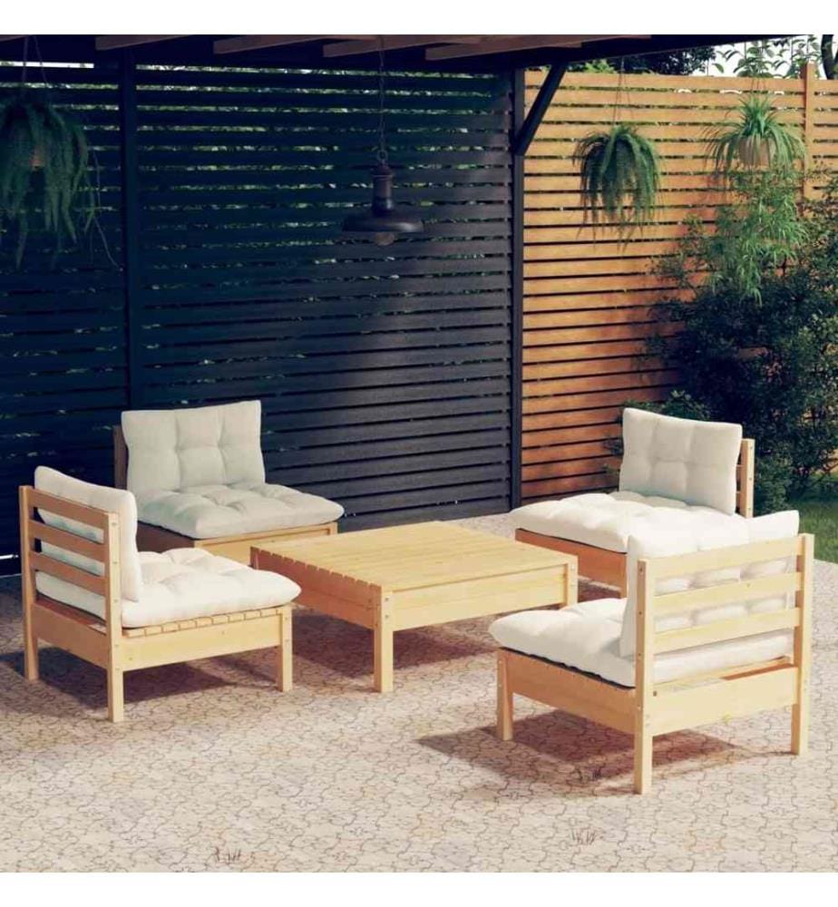 Salon de jardin 5 pcs avec coussins crème bois de pin