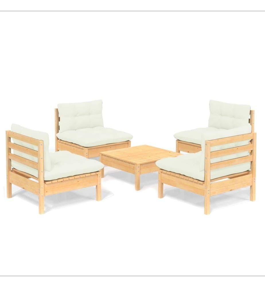 Salon de jardin 5 pcs avec coussins crème bois de pin