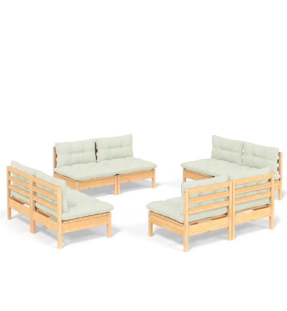 Salon de jardin 8 pcs avec coussins crème Bois de pin