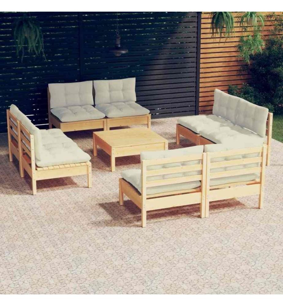 Salon de jardin 9 pcs avec coussins crème bois de pin
