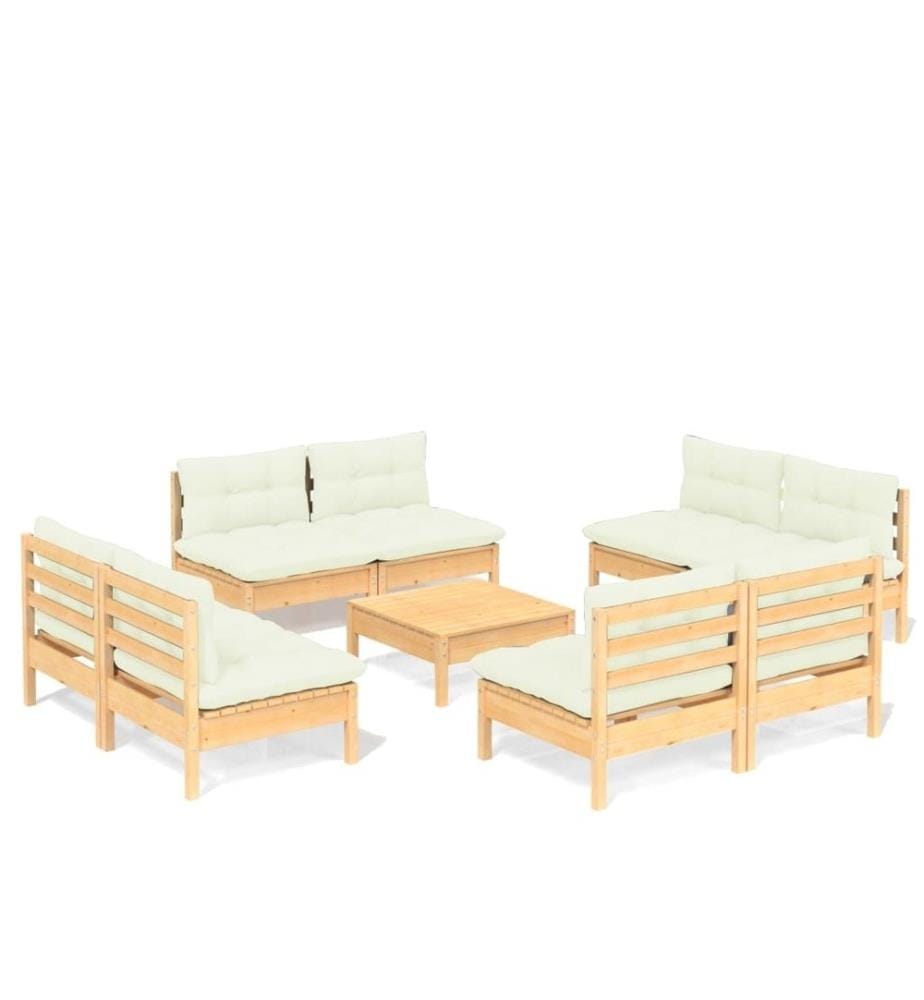 Salon de jardin 9 pcs avec coussins crème bois de pin