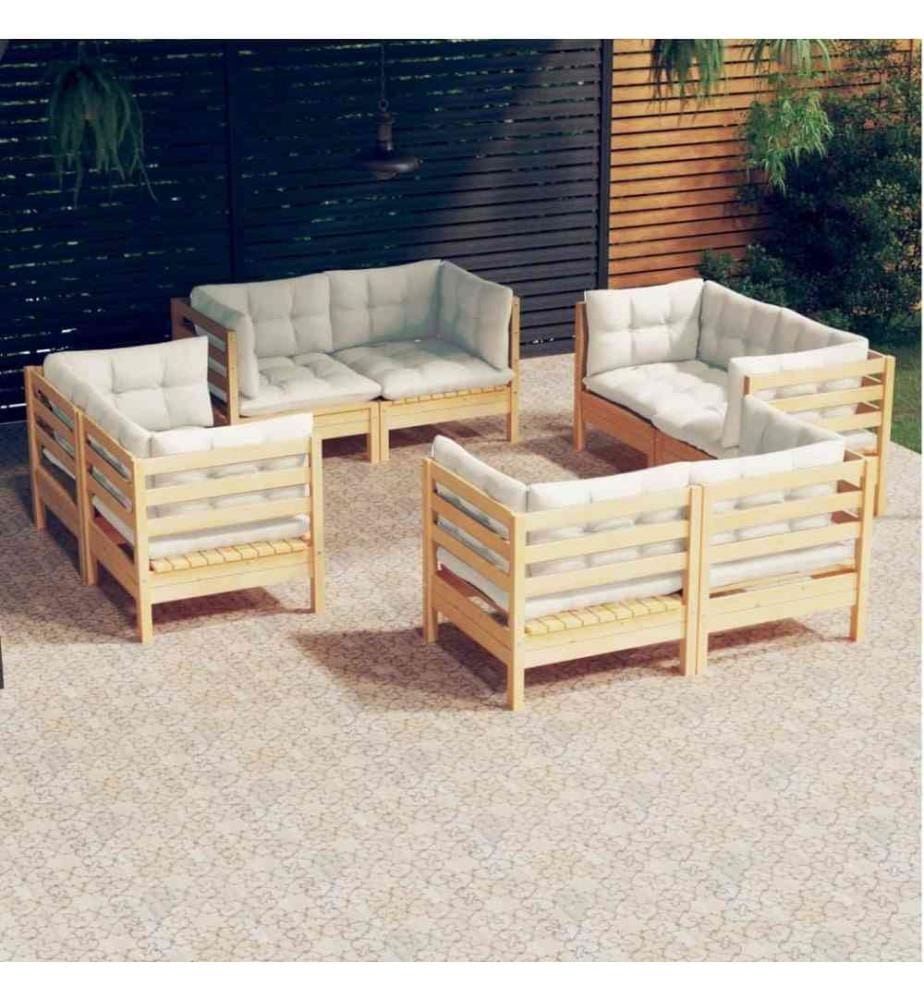 Salon de jardin 8 pcs avec coussins crème Bois de pin