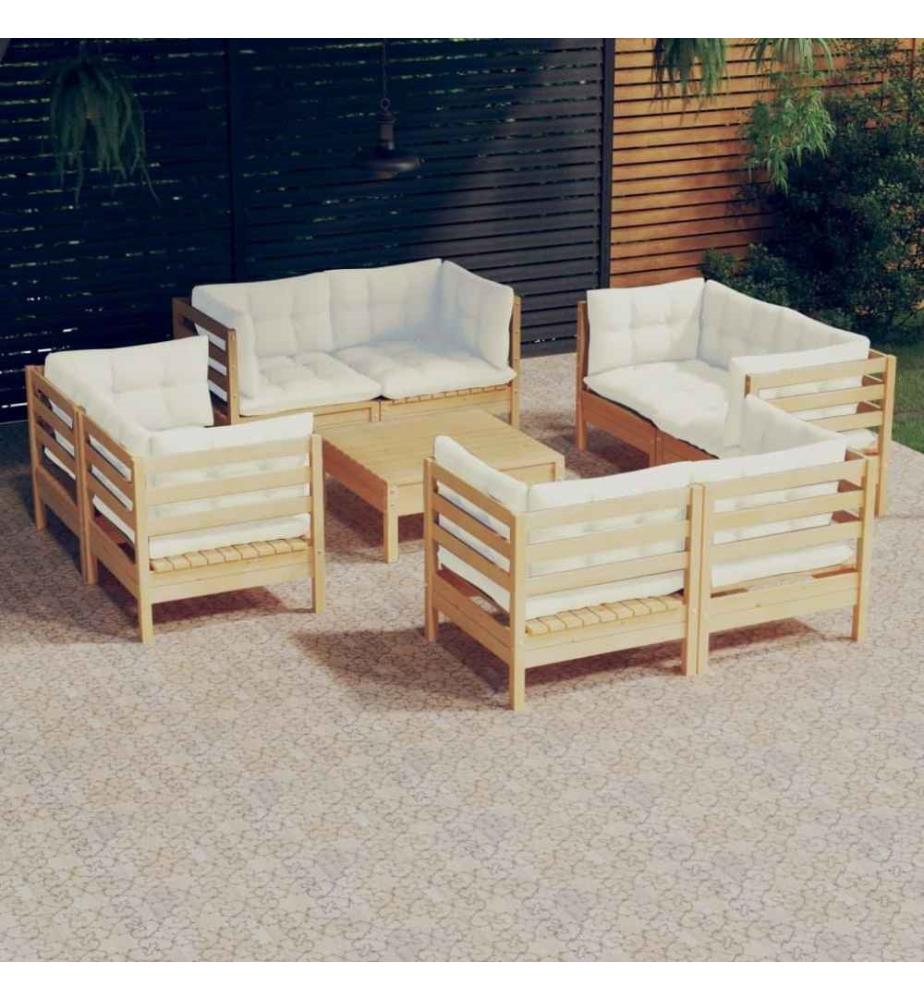 Salon de jardin 9 pcs avec coussins crème Bois de pin