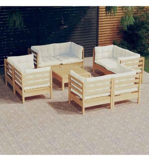 Salon de jardin 9 pcs avec coussins crème Bois de pin