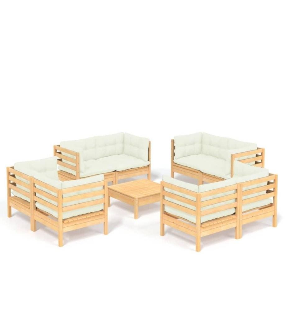 Salon de jardin 9 pcs avec coussins crème Bois de pin