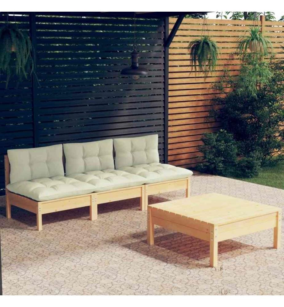 Salon de jardin 4 pcs avec coussins crème bois de pin