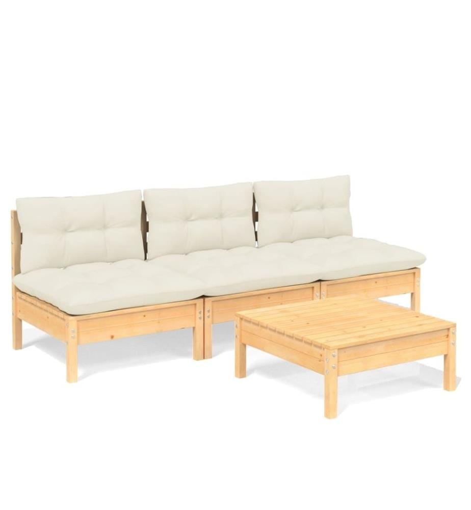 Salon de jardin 4 pcs avec coussins crème bois de pin