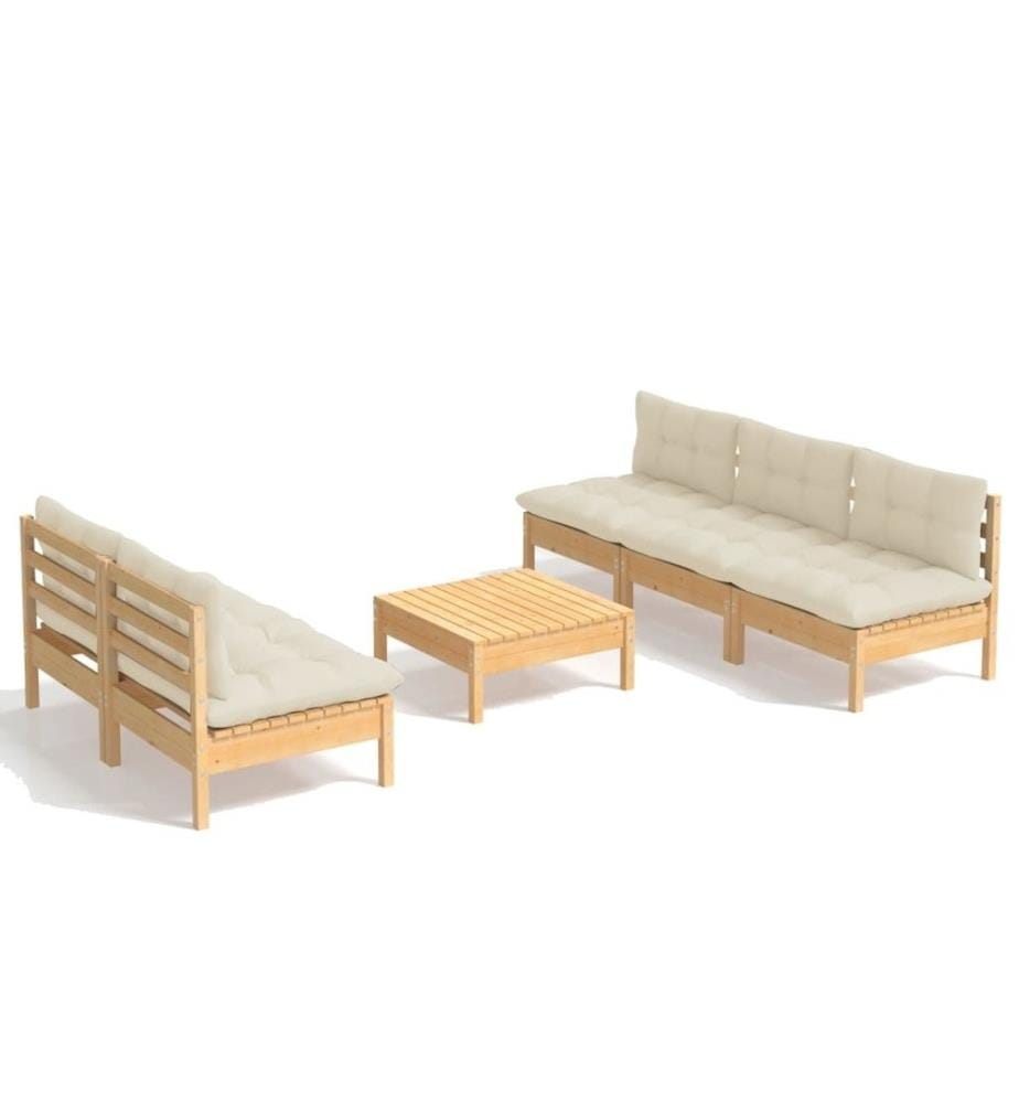 Salon de jardin 6 pcs avec coussins crème bois de pin