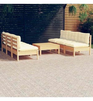 7-tlg. Garten-Lounge-Set mit Creme Kissen Kiefernholz