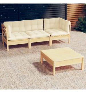 4-tlg. Garten-Lounge-Set mit Creme Kissen Kiefernholz