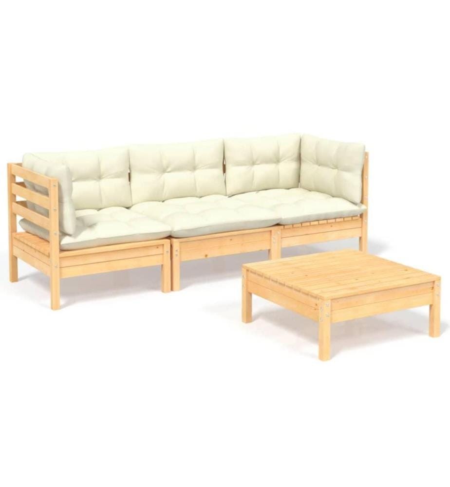 Salon de jardin 4 pcs avec coussins crème Bois de pin
