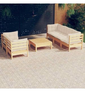 6-tlg. Garten-Lounge-Set mit Creme Kissen Kiefernholz