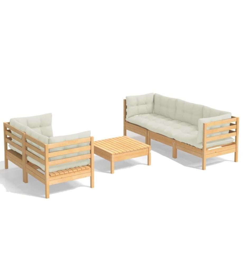 Salon de jardin 6 pcs avec coussins crème Bois de pin