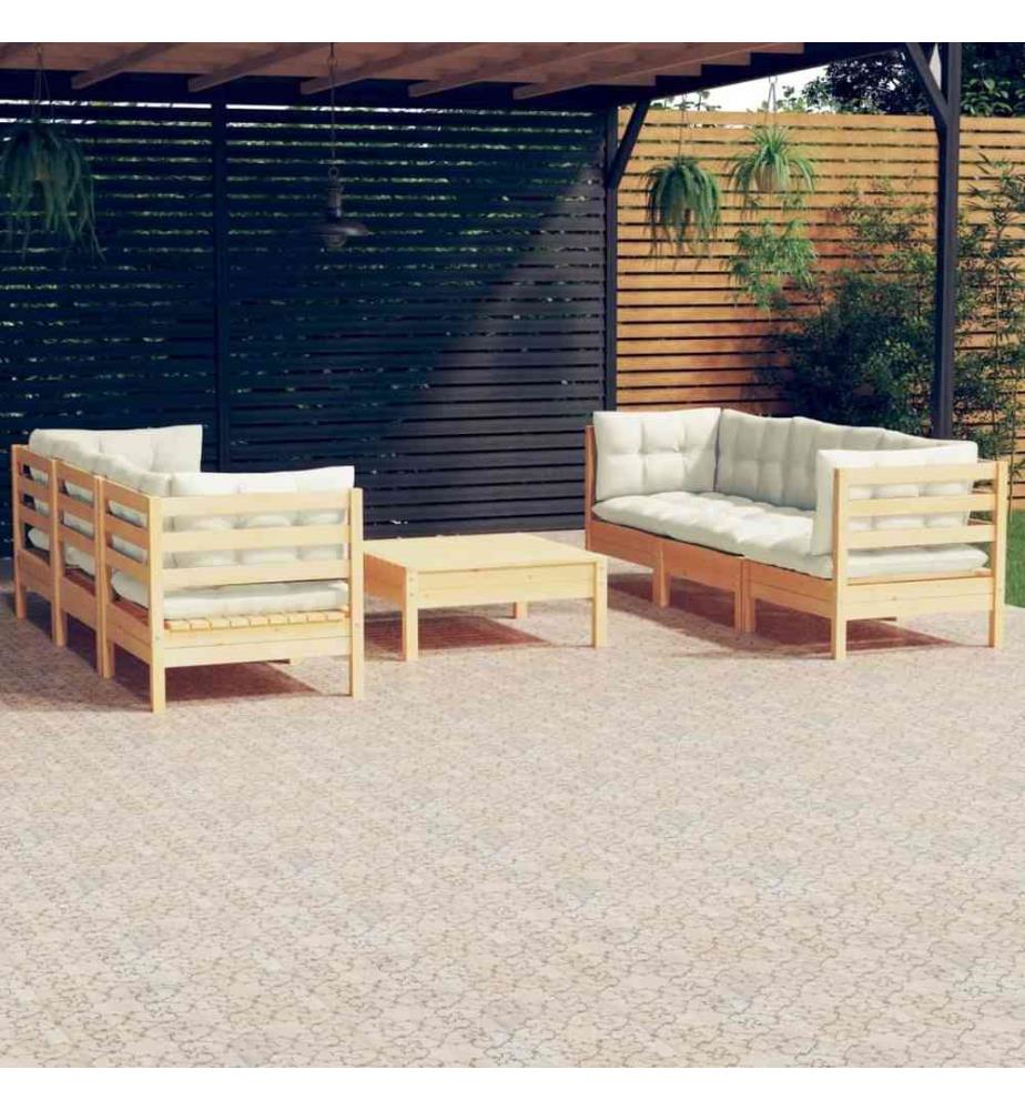 Salon de jardin 7 pcs avec coussins crème bois de pin