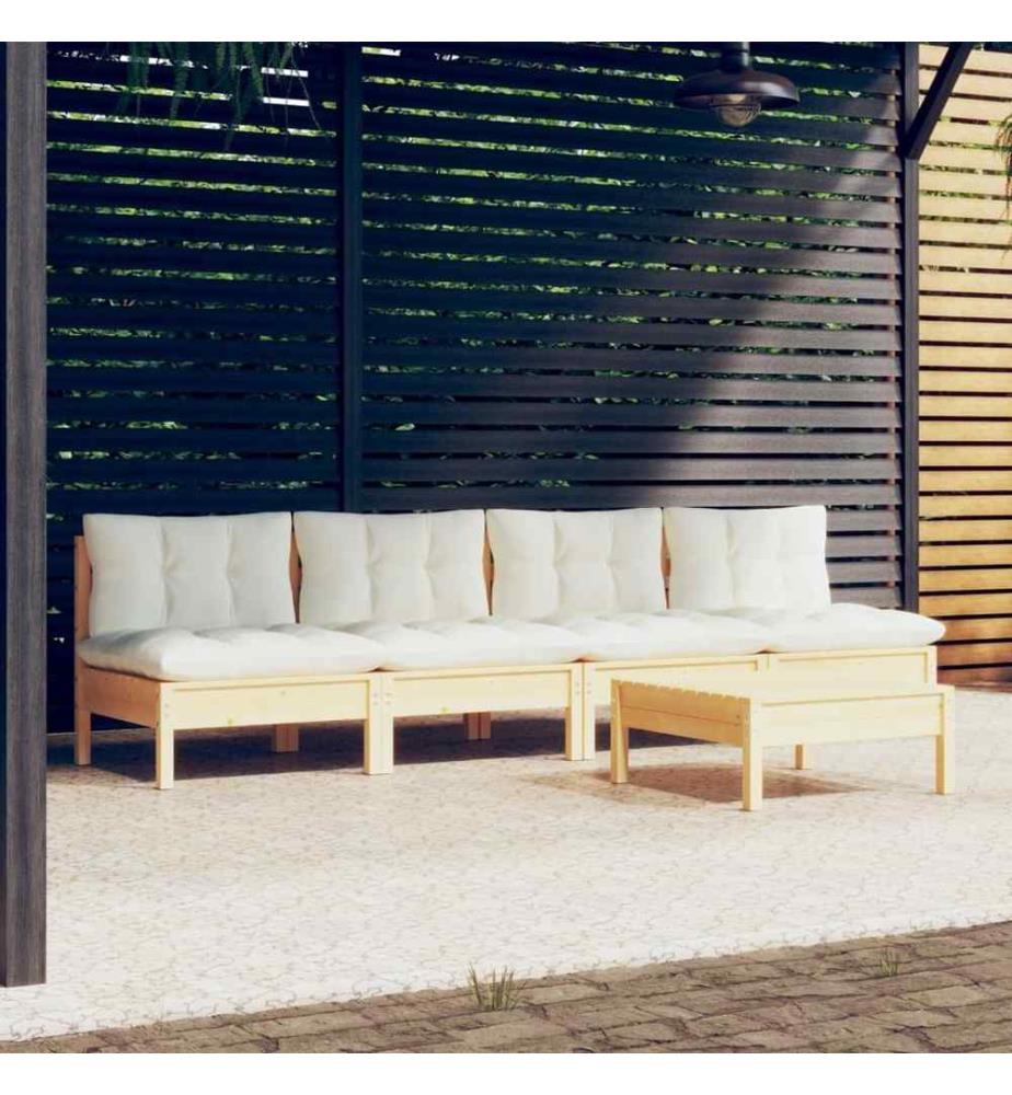 Salon de jardin 5 pcs avec coussins crème bois de pin