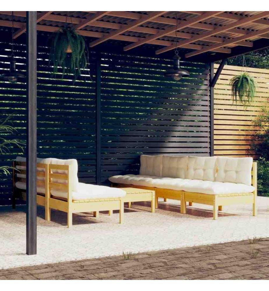 Salon de jardin 8 pcs avec coussins crème bois de pin