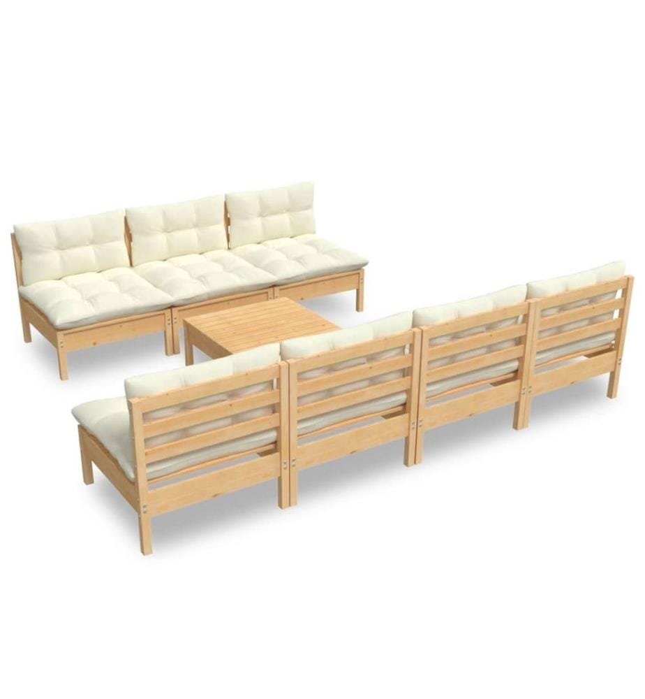 Salon de jardin 8 pcs avec coussins crème bois de pin