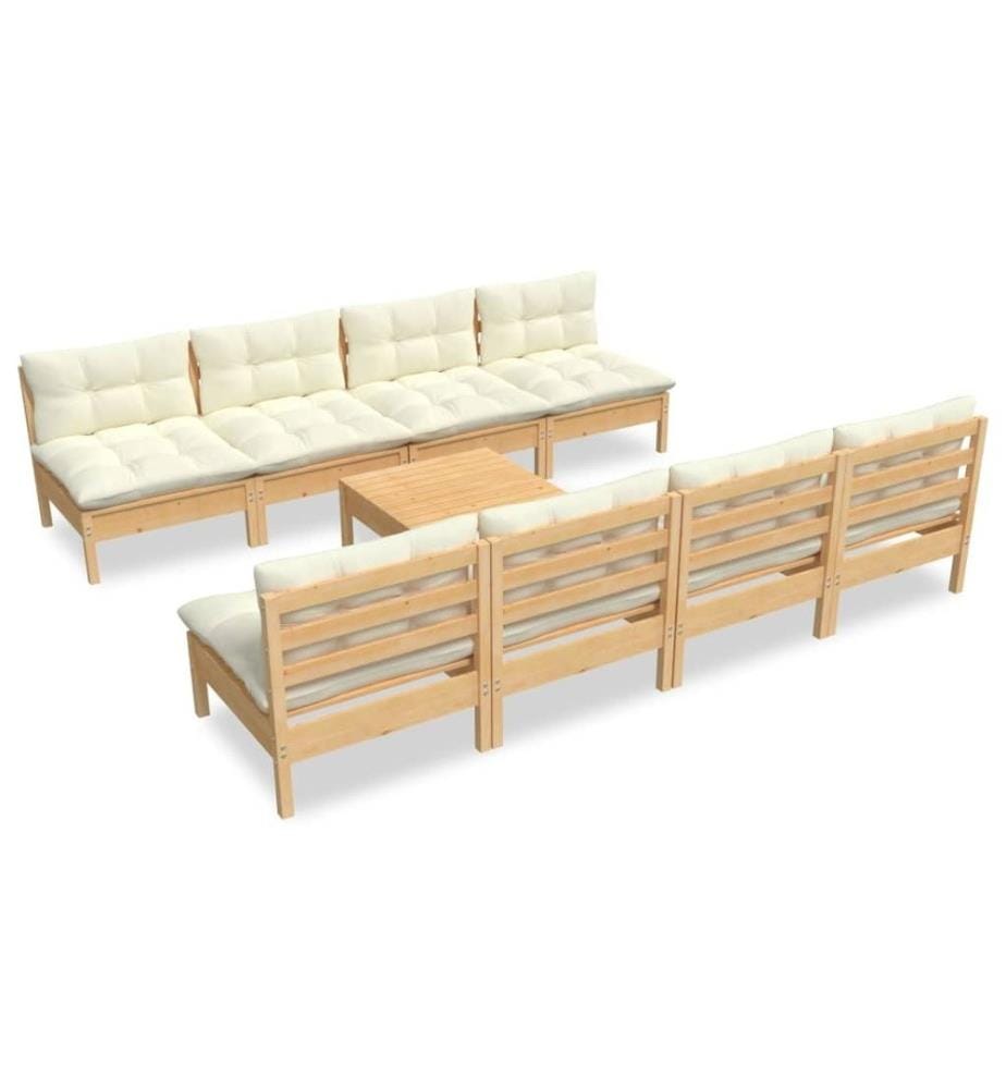 Salon de jardin 9 pcs avec coussins crème bois de pin massif