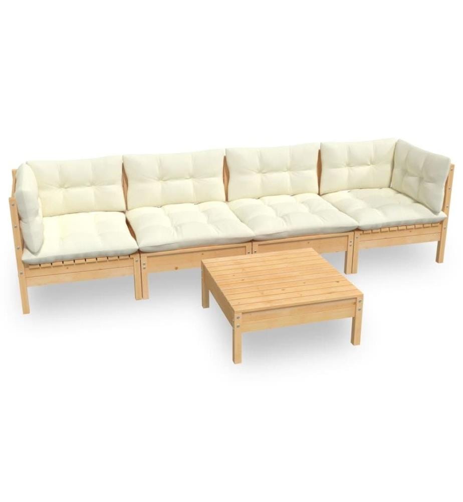 Salon de jardin 5 pcs avec coussins crème bois de pin massif