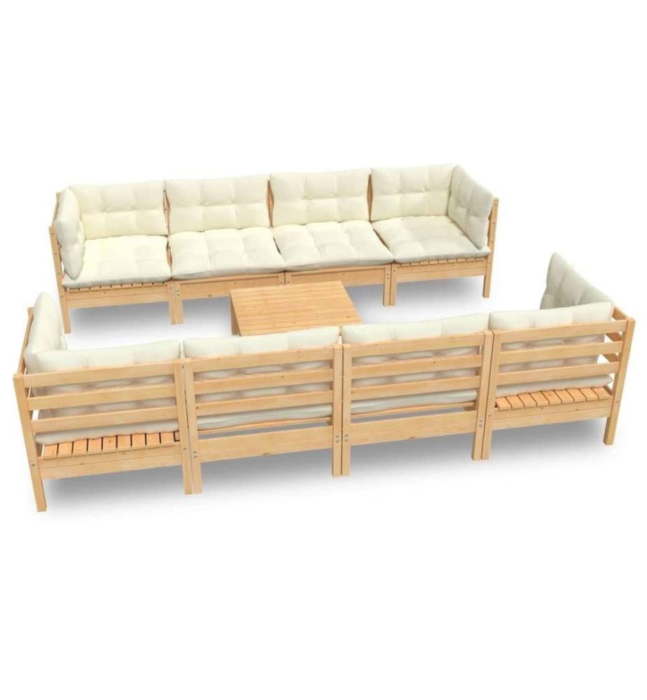 Salon de jardin 9 pcs avec coussins crème bois de pin massif