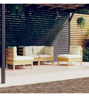 4-tlg. Garten-Lounge-Set mit Creme Kissen Massivholz Kiefer
