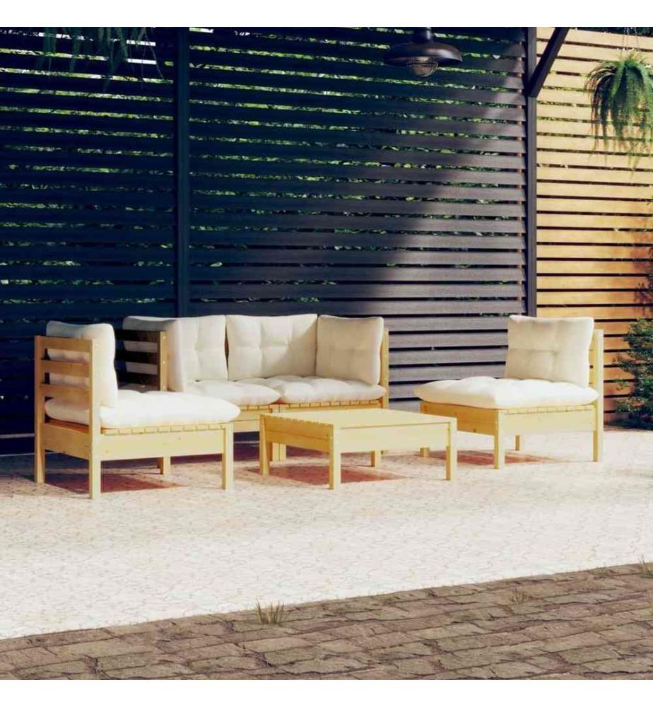 Salon de jardin 5 pcs avec coussins crème bois de pin massif