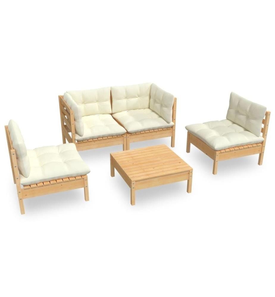 Salon de jardin 5 pcs avec coussins crème bois de pin massif