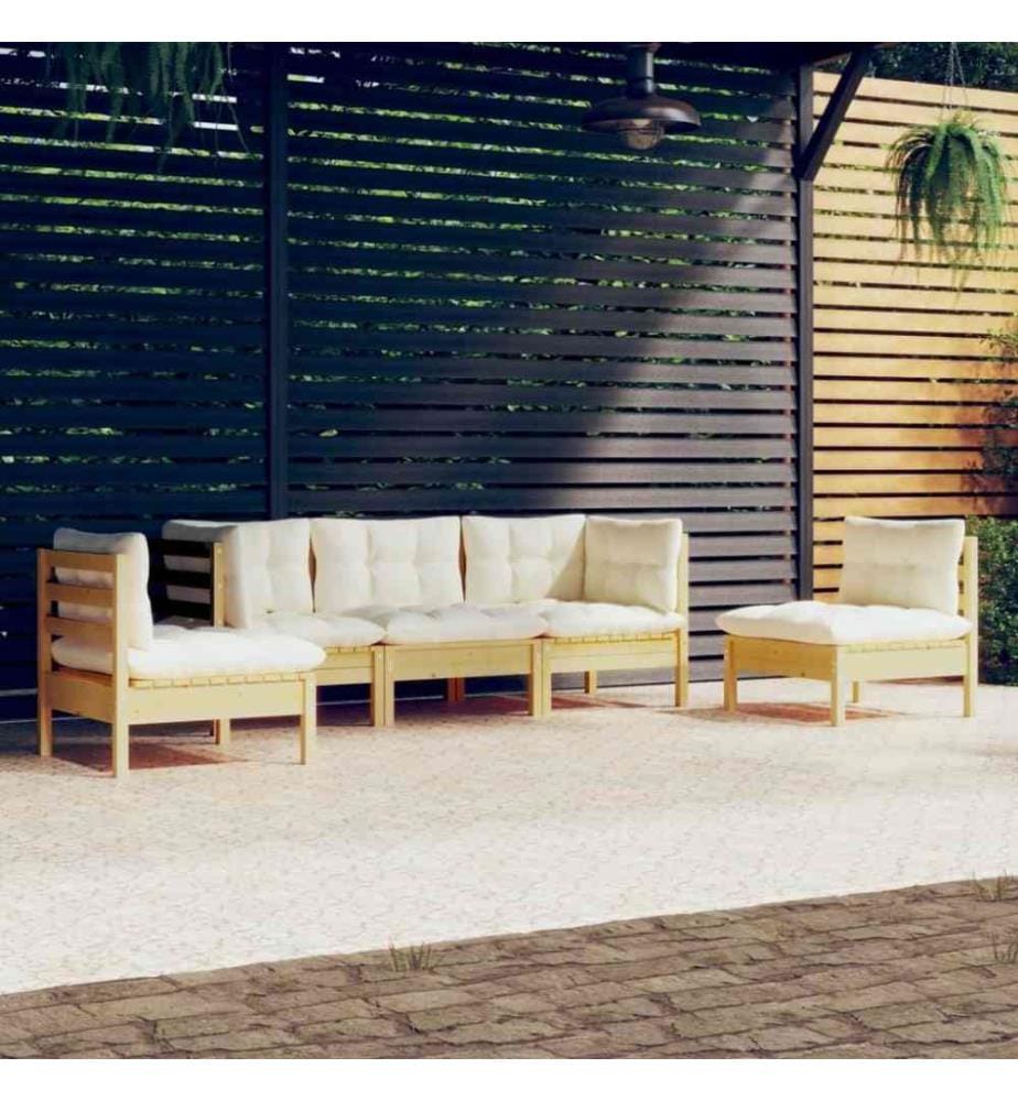 Salon de jardin 5 pcs avec coussins crème Bois de pin massif