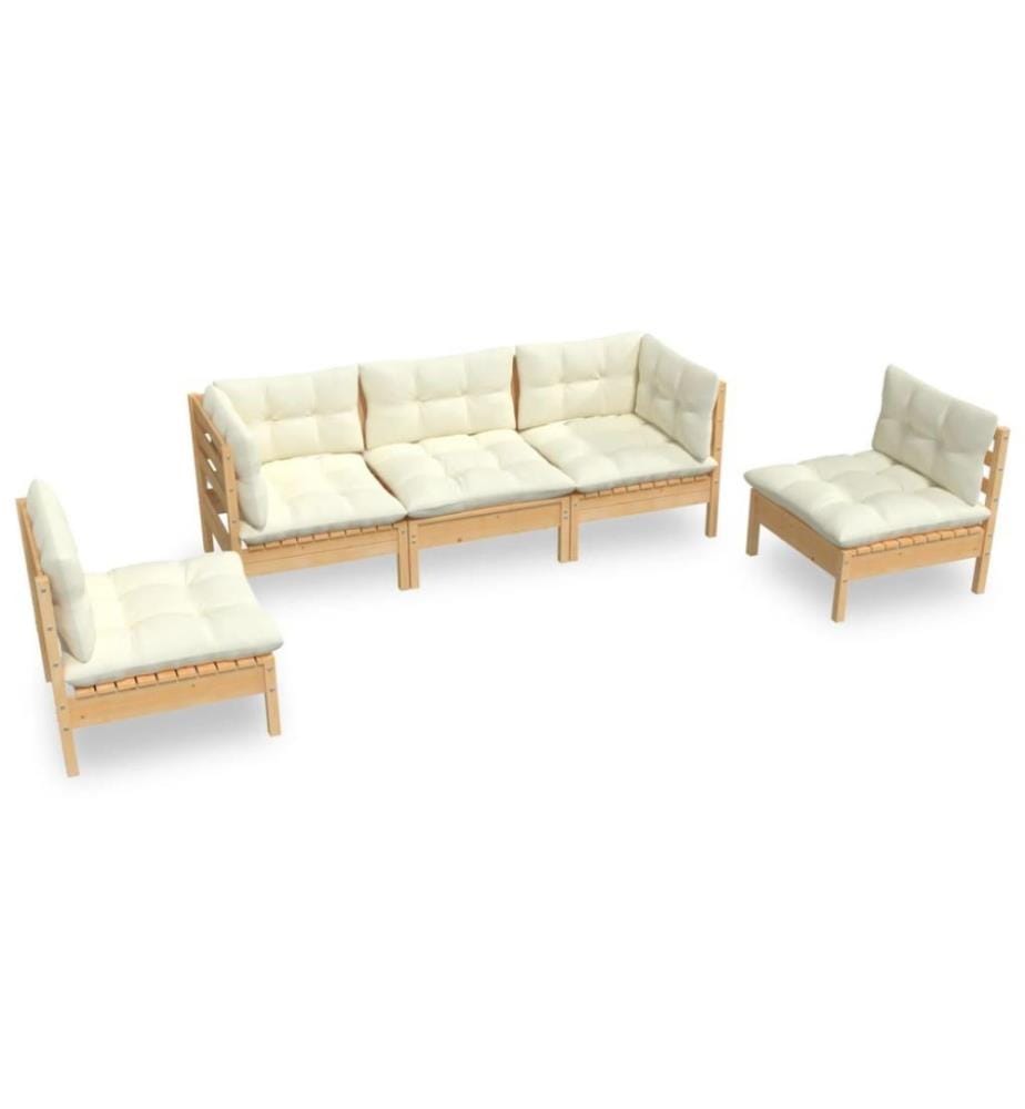 Salon de jardin 5 pcs avec coussins crème Bois de pin massif