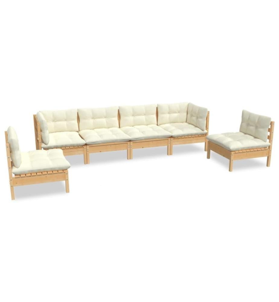 Salon de jardin 6 pcs avec coussins crème Bois de pin massif